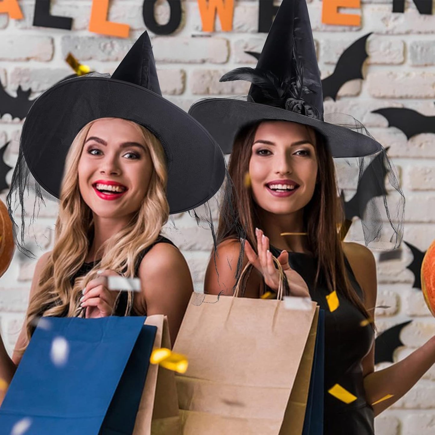 JUSTOTRY Halloween Witch Hat - Halloween Costume Witches Hats for Women attached with Roses & Feathers