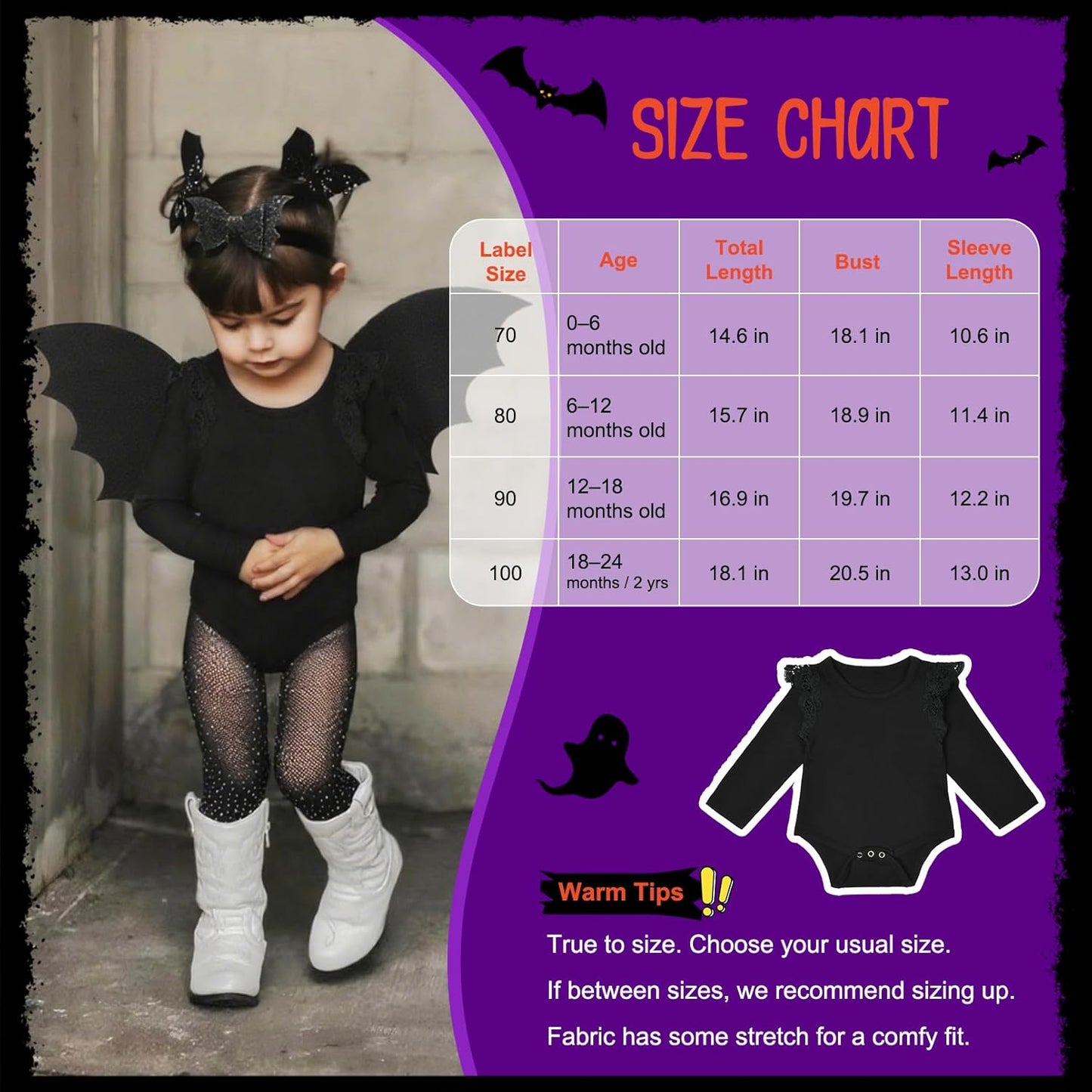 Halloween Toddler Bat Costume for Baby Girl Boy with Black Bat Wing Ruffle Long Sleeve Romper Bodysuit Goth Bow Headband