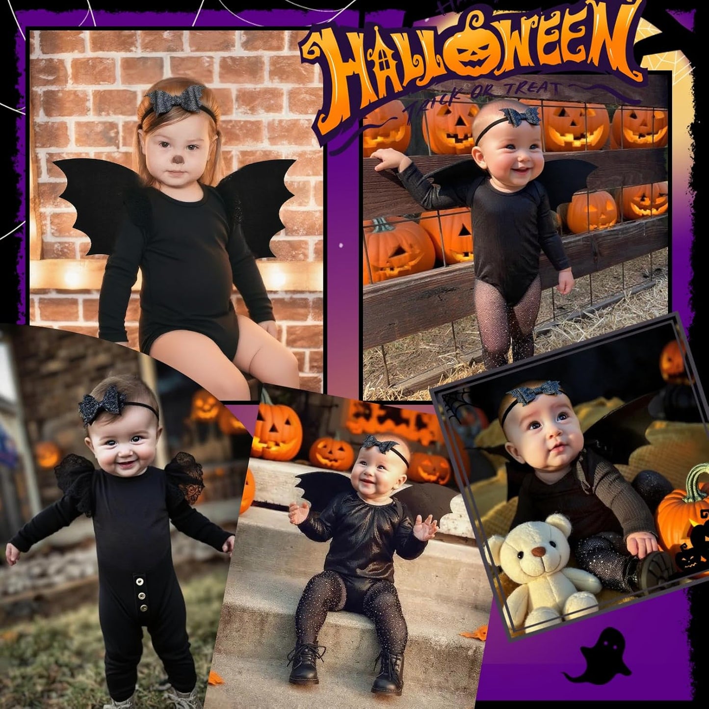Halloween Toddler Bat Costume for Baby Girl Boy with Black Bat Wing Ruffle Long Sleeve Romper Bodysuit Goth Bow Headband