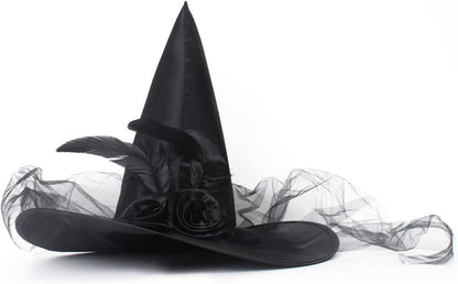 JUSTOTRY Halloween Witch Hat - Halloween Costume Witches Hats for Women attached with Roses & Feathers