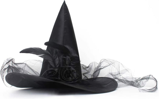 JUSTOTRY Halloween Witch Hat - Halloween Costume Witches Hats for Women attached with Roses & Feathers
