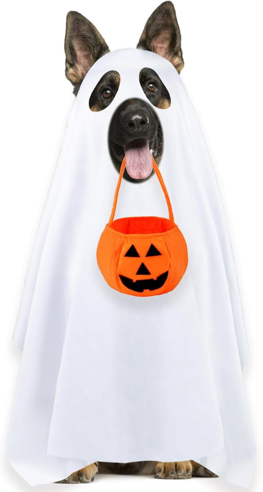 Dog Halloween Costumes, Dog Ghost Costume Funny Pet Ghost Costume with Pumpkin Candy Bag for Small Medium Large Dogs Pets (Large)