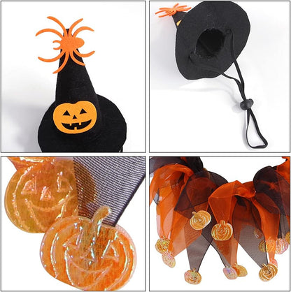 Cat Witch Halloween Costume Suit, Hmxpls Small Dogs & Cats Tutu Collar and Witch Pumpkin Hat Cute Costume Suit Kitten Outfit Clothing for Birthday Party Thanksgiving Christmas Holiday