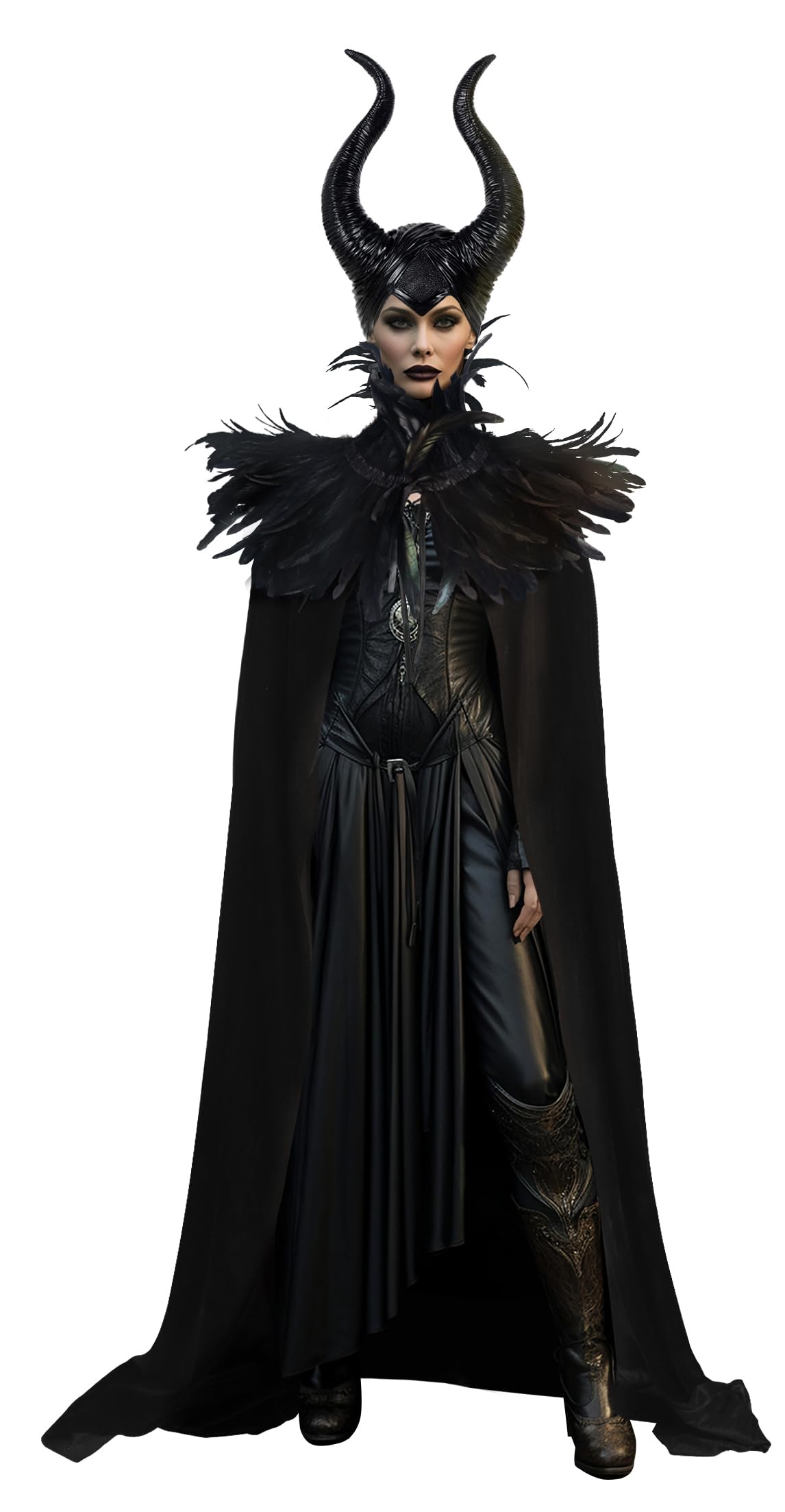 UQJE Black Gothic Witch Costume Raven Costume Halloween Feather Shawl Mesh Cape with Horns Set