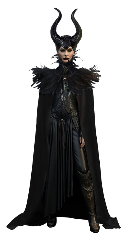 UQJE Black Gothic Witch Costume Raven Costume Halloween Feather Shawl Mesh Cape with Horns Set