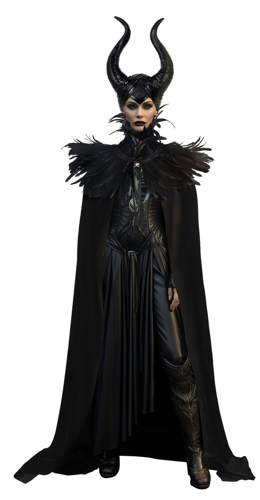 UQJE Black Gothic Witch Costume Raven Costume Halloween Feather Shawl Mesh Cape with Horns Set