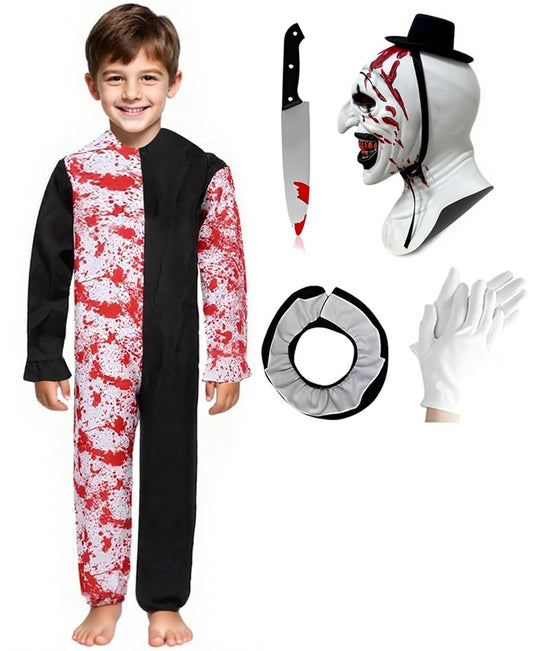 Kids Terrifying Costume Clown Costume Mask Killer Clown Halloween Cosplay Outfit for Boys Girls 4-14 Years