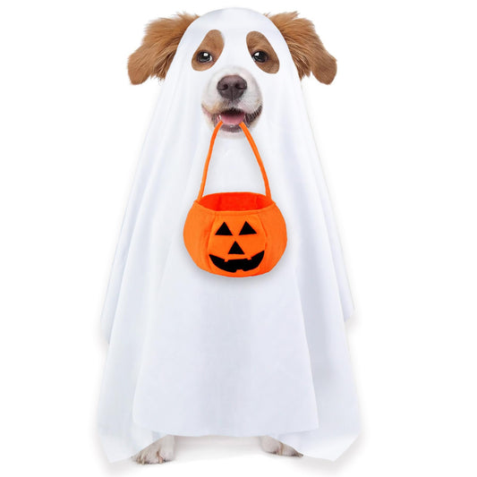 Dog Halloween Costumes, Dog Ghost Costume Funny Pet Ghost Costume with Pumpkin Candy Bag for Small Medium Large Dogs Pets (Large)