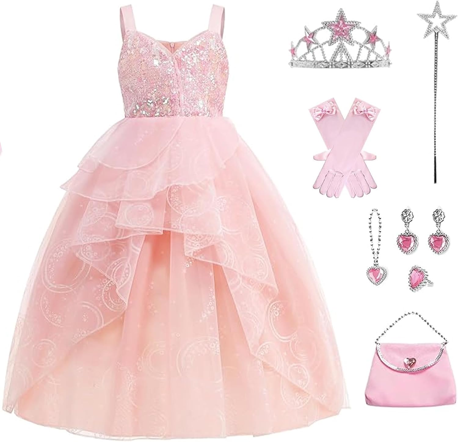 Wicked Glinda Dress for Girls Pink Witch Costume for Girls Halloween Cosplay Outfits Party Dress with Accessories