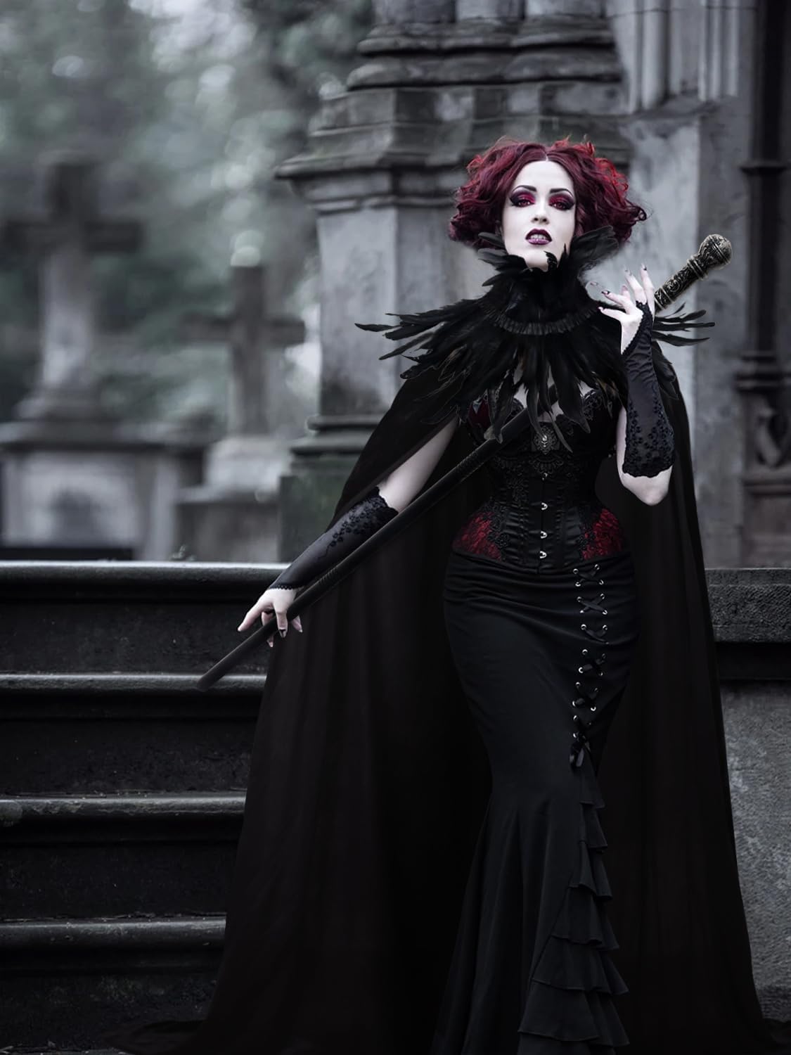 UQJE Black Gothic Witch Costume Raven Costume Halloween Feather Shawl Mesh Cape with Horns Set