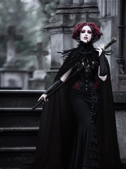 UQJE Black Gothic Witch Costume Raven Costume Halloween Feather Shawl Mesh Cape with Horns Set