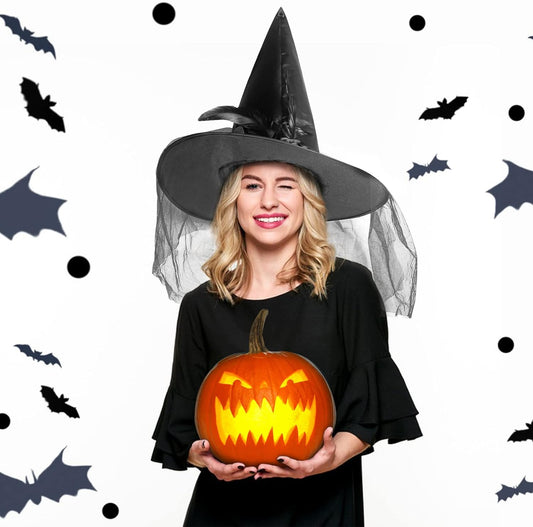 JUSTOTRY Halloween Witch Hat - Halloween Costume Witches Hats for Women attached with Roses & Feathers