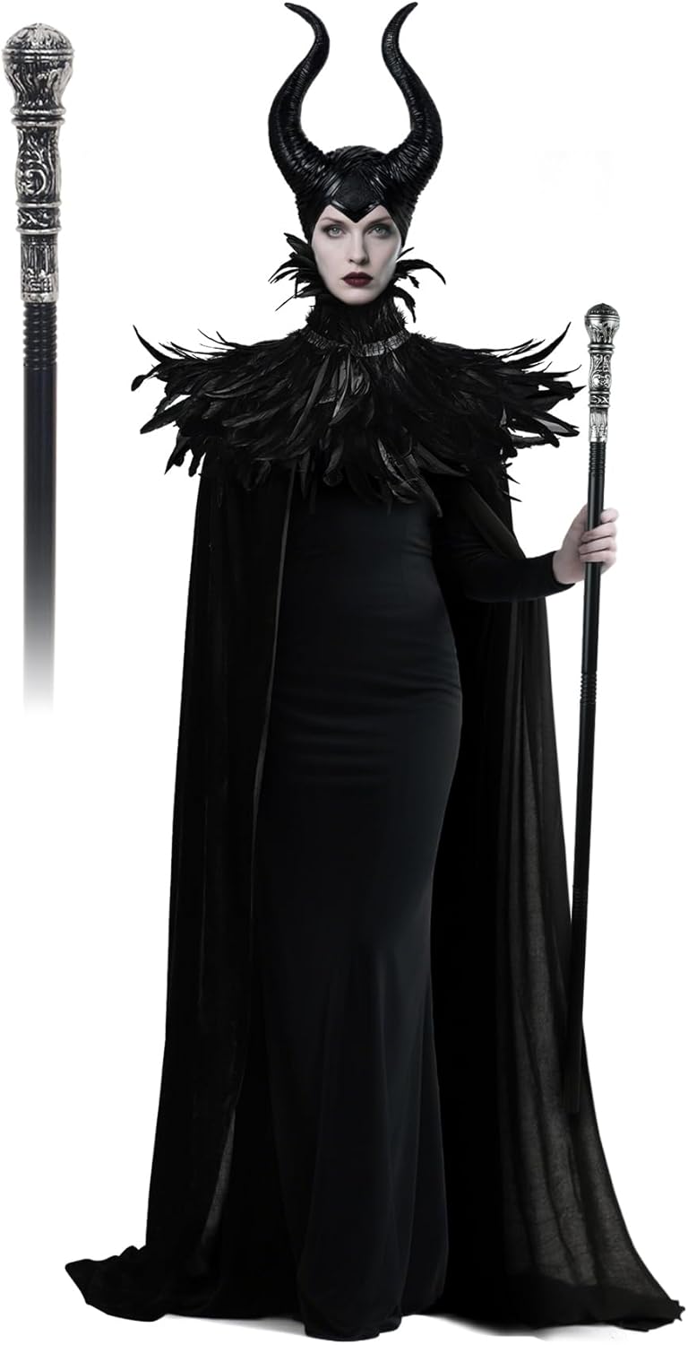 UQJE Black Gothic Witch Costume Raven Costume Halloween Feather Shawl Mesh Cape with Horns Set