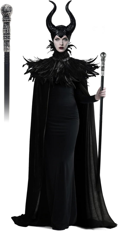 UQJE Black Gothic Witch Costume Raven Costume Halloween Feather Shawl Mesh Cape with Horns Set