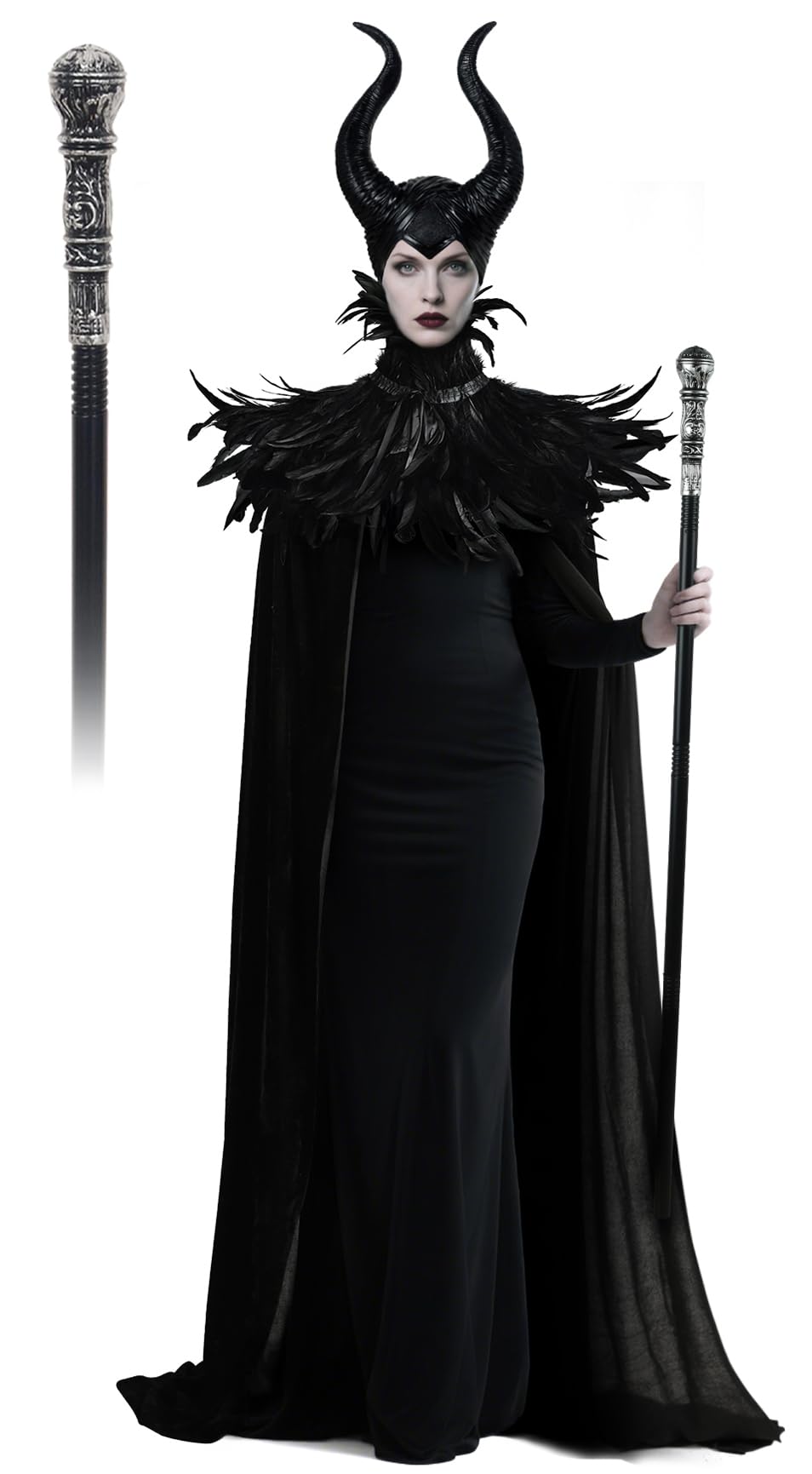 UQJE Black Gothic Witch Costume Raven Costume Halloween Feather Shawl Mesh Cape with Horns Set
