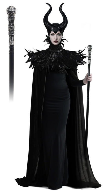 UQJE Black Gothic Witch Costume Raven Costume Halloween Feather Shawl Mesh Cape with Horns Set