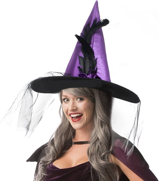 JUSTOTRY Halloween Witch Hat - Halloween Costume Witches Hats for Women attached with Roses & Feathers