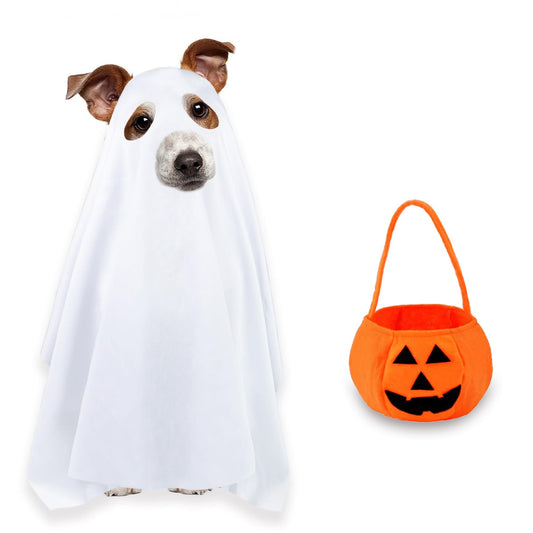 Dog Halloween Costumes, Dog Ghost Costume Funny Pet Ghost Costume with Pumpkin Candy Bag for Small Medium Large Dogs Pets (Large)