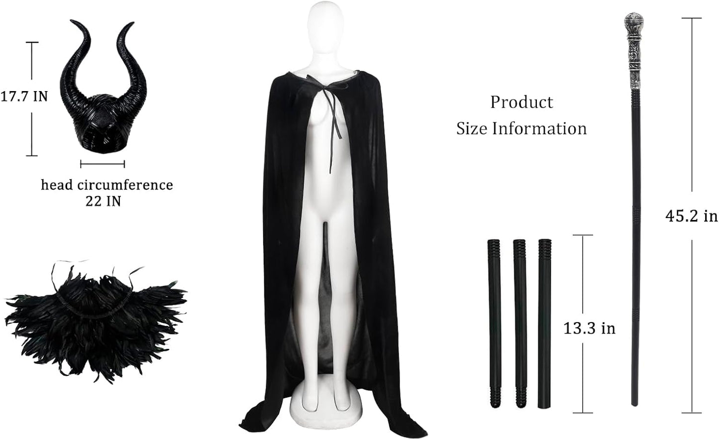 UQJE Black Gothic Witch Costume Raven Costume Halloween Feather Shawl Mesh Cape with Horns Set