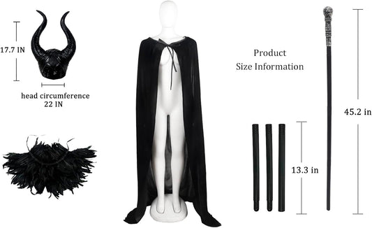 UQJE Black Gothic Witch Costume Raven Costume Halloween Feather Shawl Mesh Cape with Horns Set