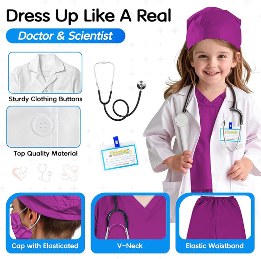 Doctor Scrubs Costume for Kids With Stethoscope Lab Coat Career Day Costume Doctor Dress Up For Boys Girls 3-12