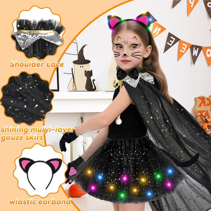 MOVINPE Black Cat Costume for Girls with LED Tutu Skirt Light up Ear Headband, Cape, Tail, Cat Paw Gloves, Bow Tie, Face Tattoo, Kids Halloween Costume for Ages 3-8