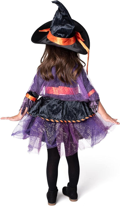 Spooktacular Creations Child Girl Orange Purple Witch Costume, Toddler Witch Outfit Set for Kids Halloween Dress Up Parties