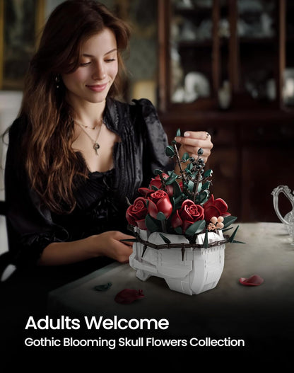 iATOM Halloween Skull Rose Bouquet Building Set, Compatible with Lego Flowers for Adult - Gothic Horror Skeleton Plant Pot Home Decor - Artificial Flower Botanical Collection Gifts, IA11008