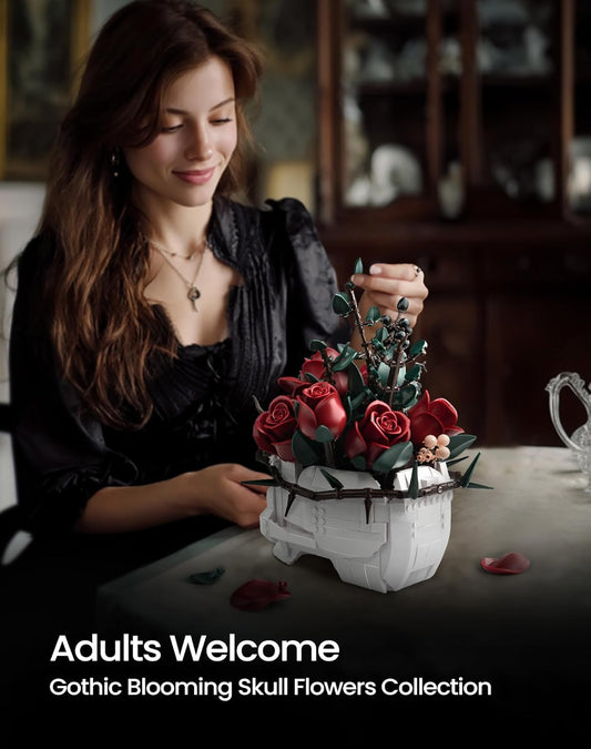 iATOM Halloween Skull Rose Bouquet Building Set, Compatible with Lego Flowers for Adult - Gothic Horror Skeleton Plant Pot Home Decor - Artificial Flower Botanical Collection Gifts, IA11008