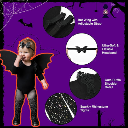 Halloween Toddler Bat Costume for Baby Girl Boy with Black Bat Wing Ruffle Long Sleeve Romper Bodysuit Goth Bow Headband