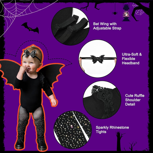 Halloween Toddler Bat Costume for Baby Girl Boy with Black Bat Wing Ruffle Long Sleeve Romper Bodysuit Goth Bow Headband