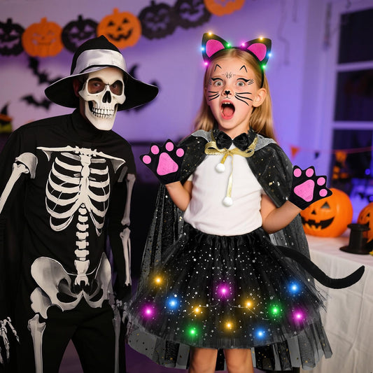 MOVINPE Black Cat Costume for Girls with LED Tutu Skirt Light up Ear Headband, Cape, Tail, Cat Paw Gloves, Bow Tie, Face Tattoo, Kids Halloween Costume for Ages 3-8