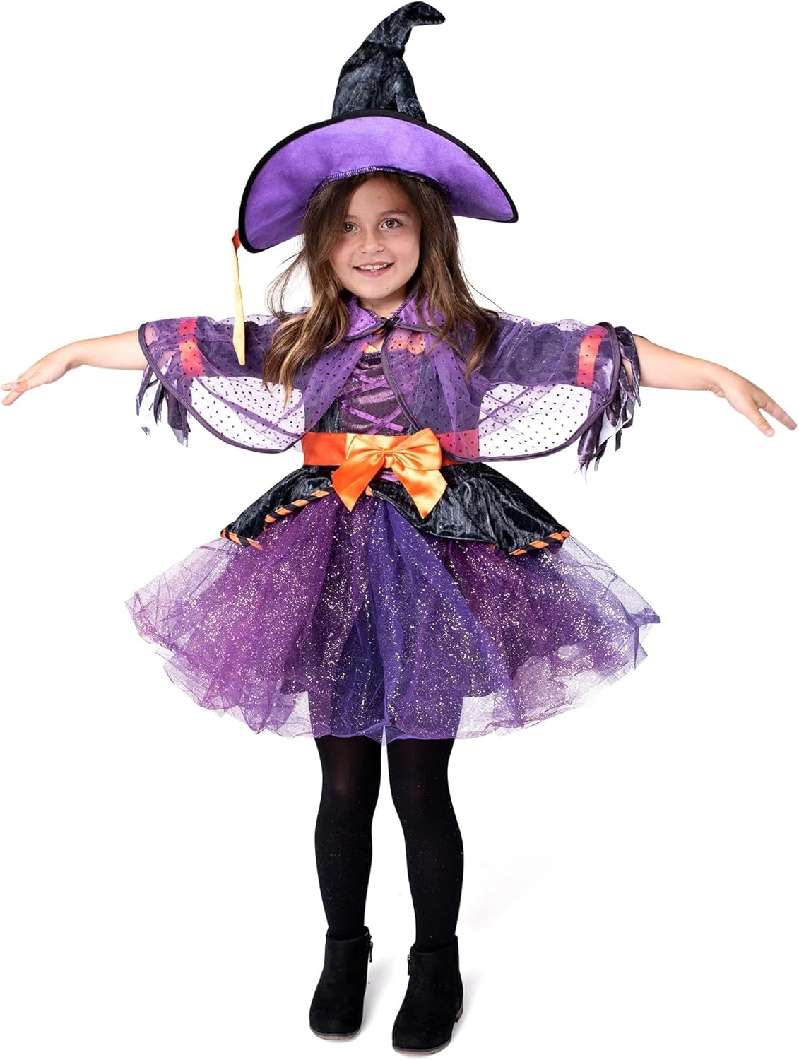 Spooktacular Creations Child Girl Orange Purple Witch Costume, Toddler Witch Outfit Set for Kids Halloween Dress Up Parties