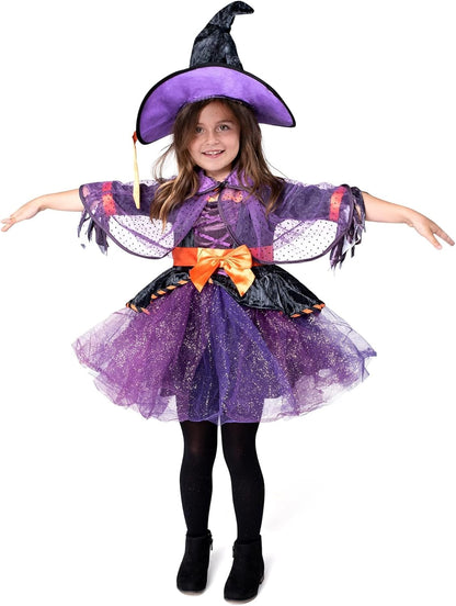 Spooktacular Creations Child Girl Orange Purple Witch Costume, Toddler Witch Outfit Set for Kids Halloween Dress Up Parties
