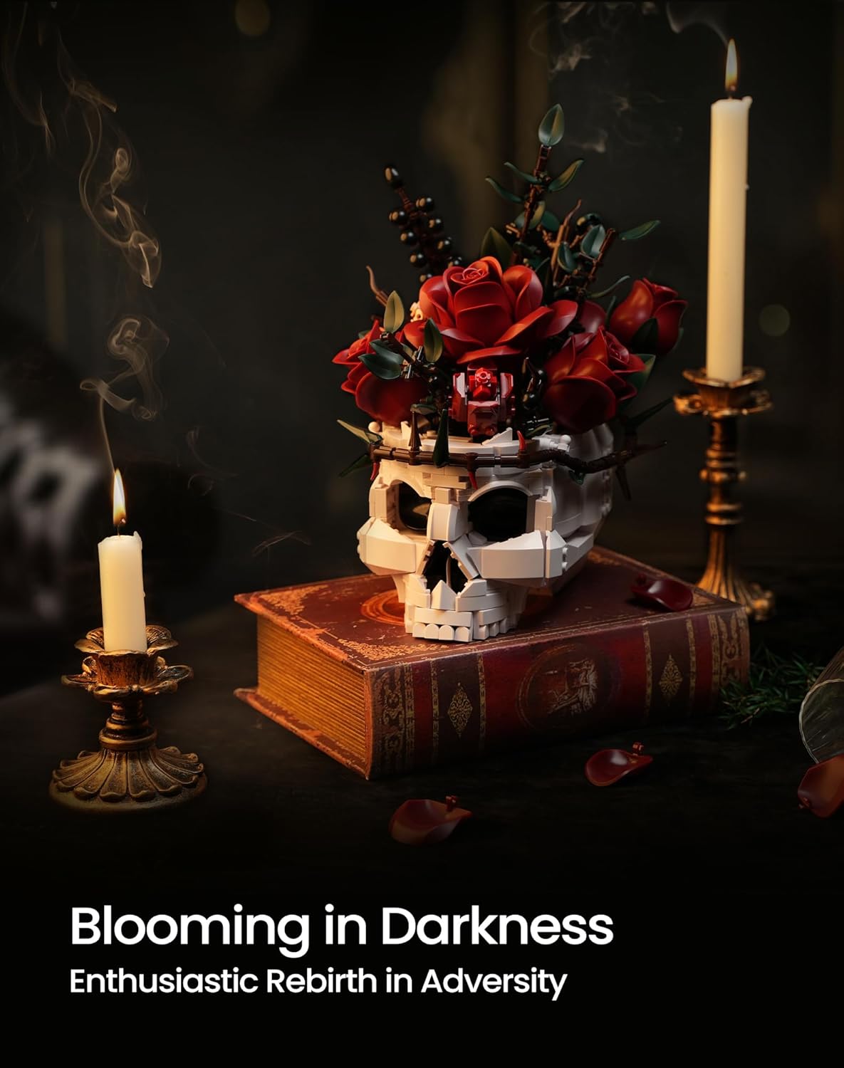 iATOM Halloween Skull Rose Bouquet Building Set, Compatible with Lego Flowers for Adult - Gothic Horror Skeleton Plant Pot Home Decor - Artificial Flower Botanical Collection Gifts, IA11008