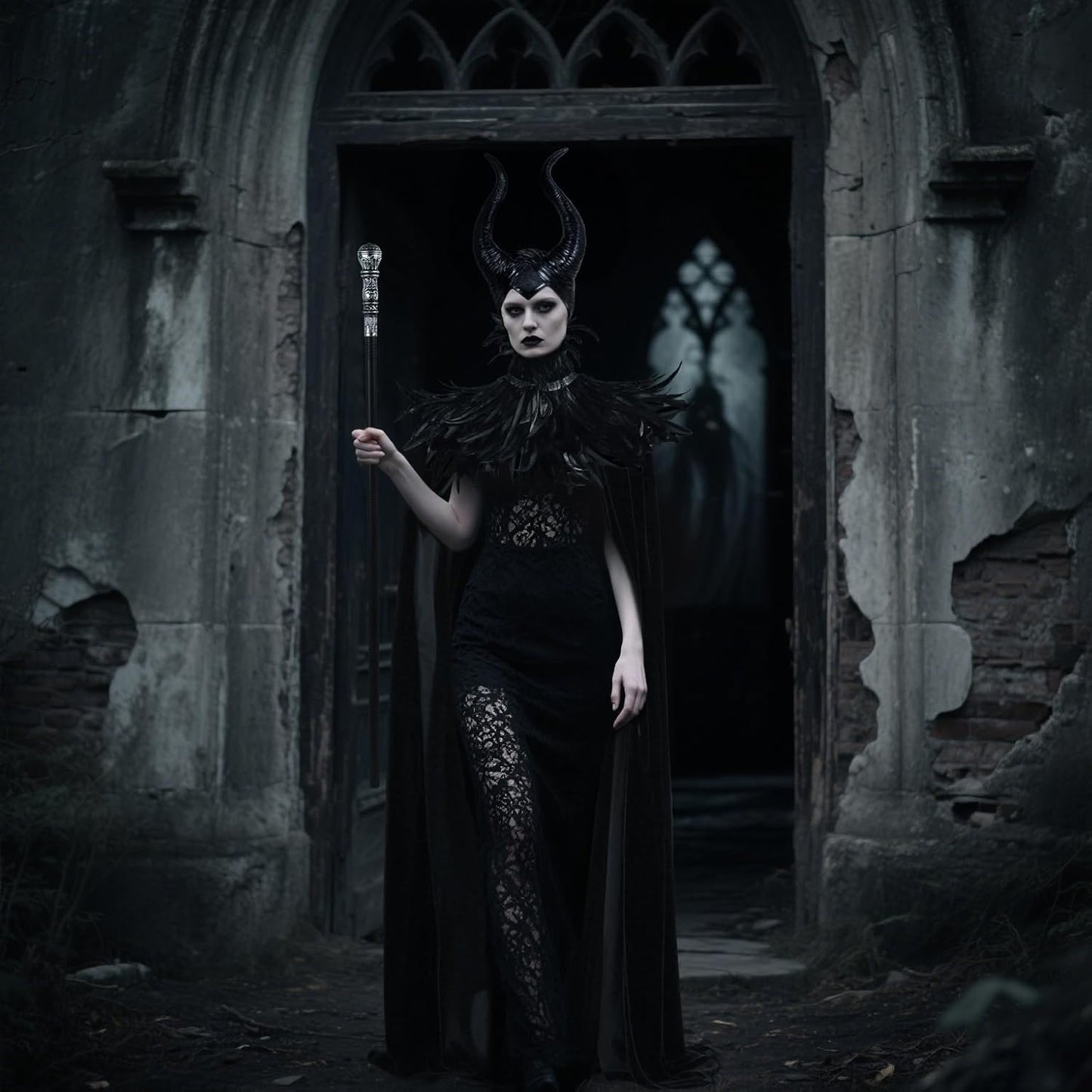 UQJE Black Gothic Witch Costume Raven Costume Halloween Feather Shawl Mesh Cape with Horns Set