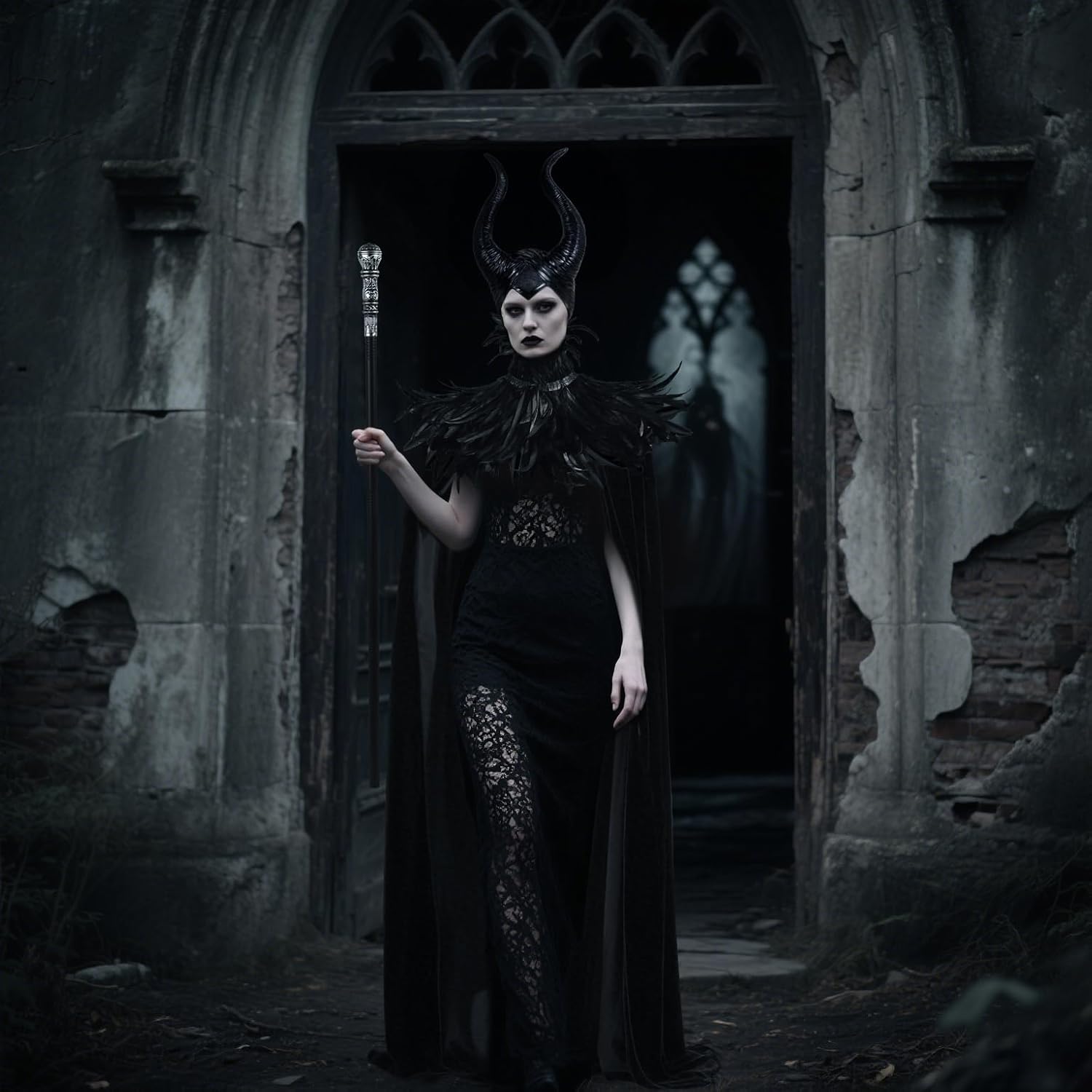 UQJE Black Gothic Witch Costume Raven Costume Halloween Feather Shawl Mesh Cape with Horns Set