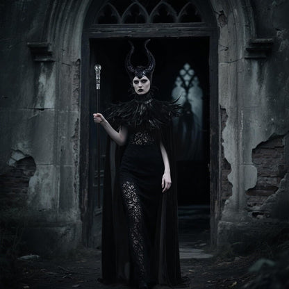 UQJE Black Gothic Witch Costume Raven Costume Halloween Feather Shawl Mesh Cape with Horns Set