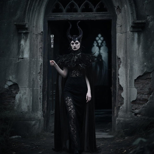 UQJE Black Gothic Witch Costume Raven Costume Halloween Feather Shawl Mesh Cape with Horns Set