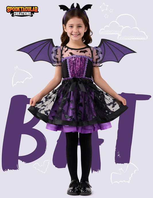 Spooktacular Creations Halloween Girl Purple Bat Tutu Costume, Toddler Bat Vampire Outfit for Kids Halloween Dress Up Party