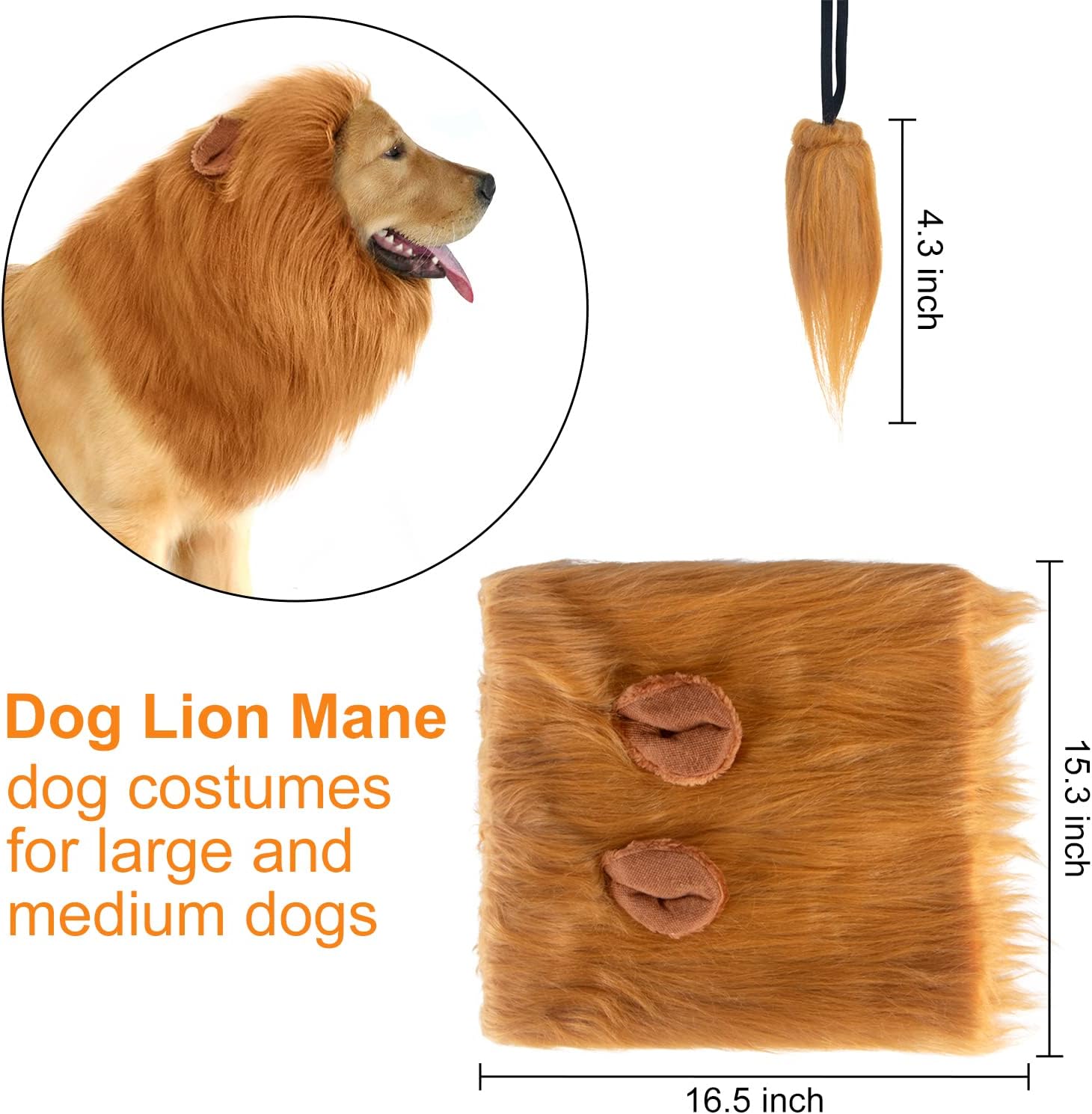 CPPSLEE Lion Mane for Dog Costumes, Realistic Wig for Medium to Large Sized Dogs, Halloween Costumes (Brown)