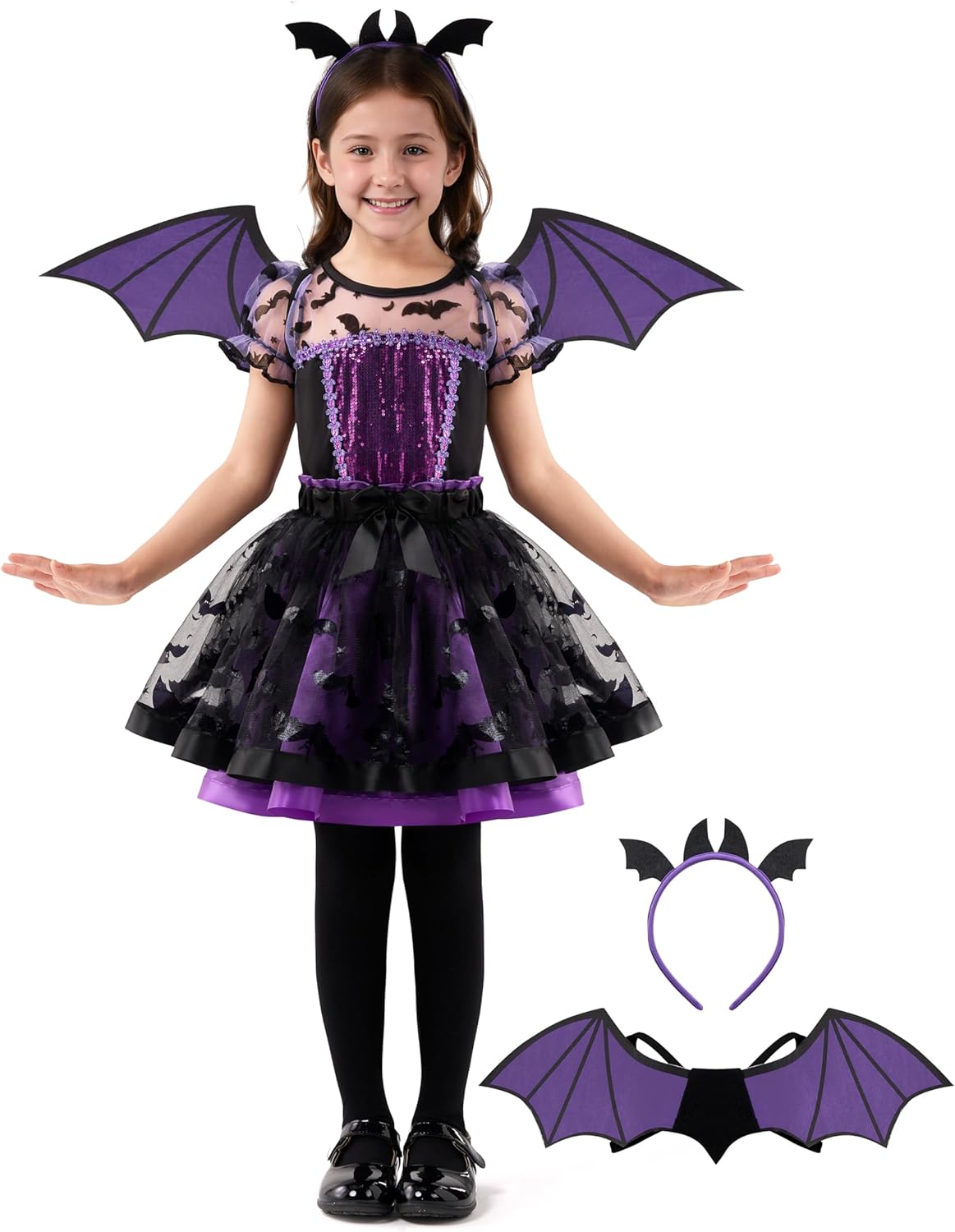 Spooktacular Creations Halloween Girl Purple Bat Tutu Costume, Toddler Bat Vampire Outfit for Kids Halloween Dress Up Party