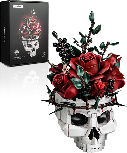 iATOM Halloween Skull Rose Bouquet Building Set, Compatible with Lego Flowers for Adult - Gothic Horror Skeleton Plant Pot Home Decor - Artificial Flower Botanical Collection Gifts, IA11008