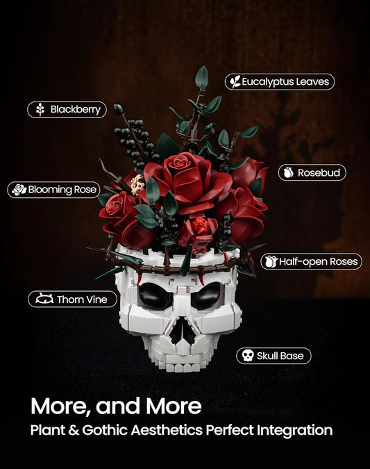 iATOM Halloween Skull Rose Bouquet Building Set, Compatible with Lego Flowers for Adult - Gothic Horror Skeleton Plant Pot Home Decor - Artificial Flower Botanical Collection Gifts, IA11008