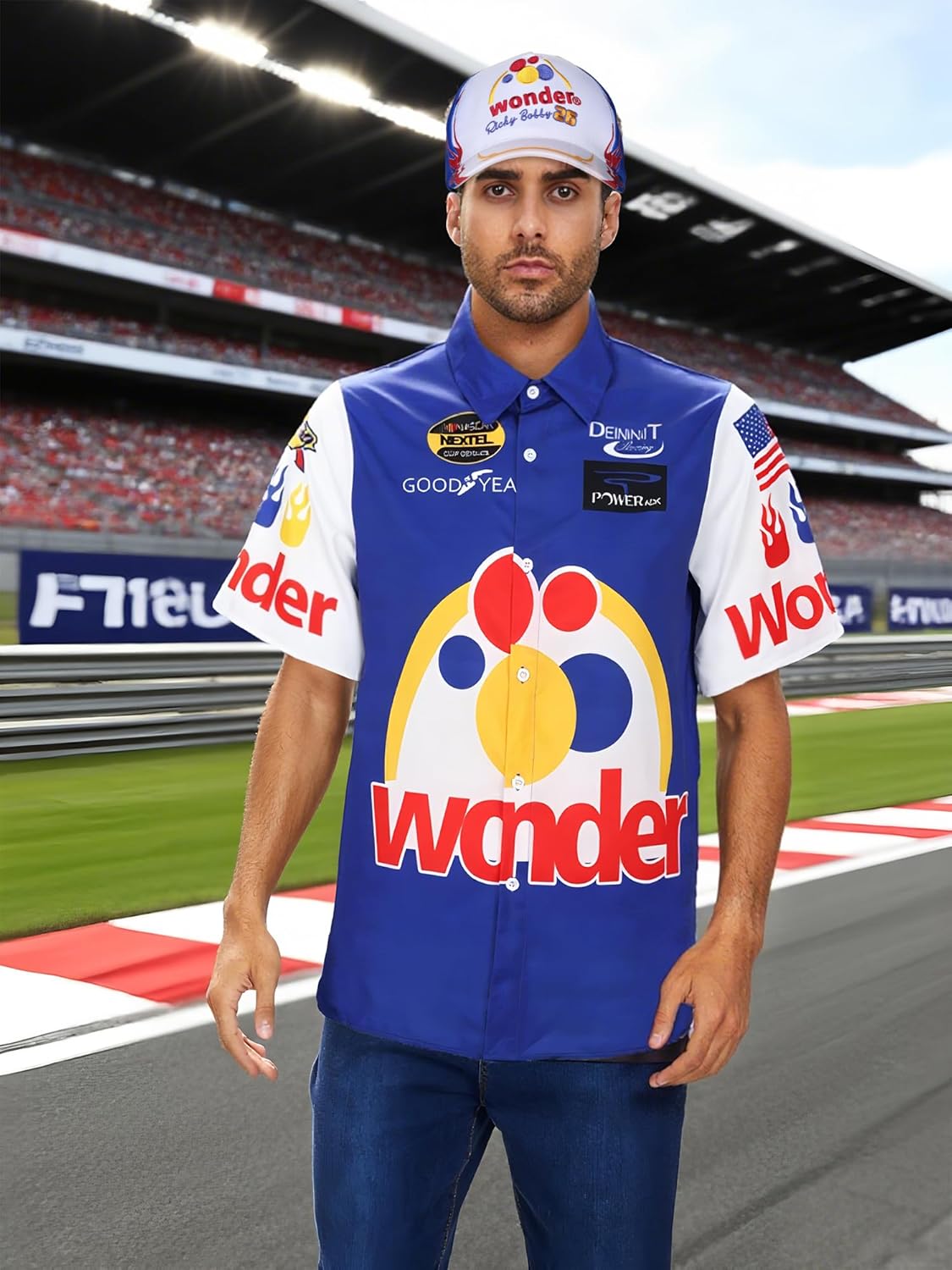 Ricky Bobby Costume Men Short Sleeve Ricky Bobby Shirt Hat Halloween Race Car Driver Costume