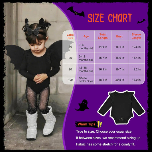 Halloween Toddler Bat Costume for Baby Girl Boy with Black Bat Wing Ruffle Long Sleeve Romper Bodysuit Goth Bow Headband
