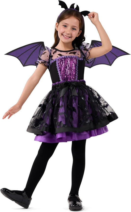 Spooktacular Creations Halloween Girl Purple Bat Tutu Costume, Toddler Bat Vampire Outfit for Kids Halloween Dress Up Party