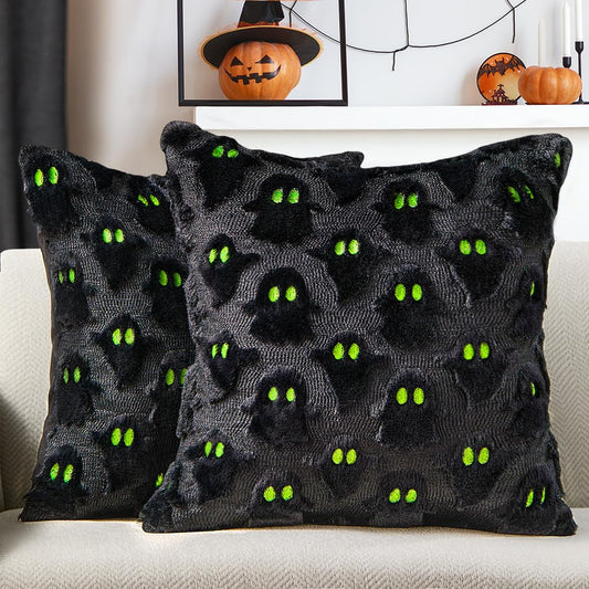 DFXSZ Halloween Pillow Covers 18x18 inch Set of 2 White Ghost Throw Pillow Cases Soft Plush Faux Fur Wool Couch Cushion Case for Chair Sofa Bedroom Living Room Home Decor PTK03A18