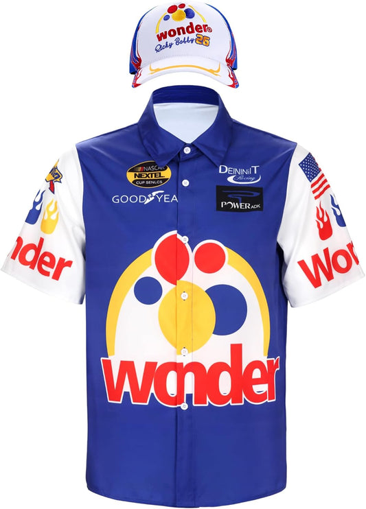 Ricky Bobby Costume Men Short Sleeve Ricky Bobby Shirt Hat Halloween Race Car Driver Costume