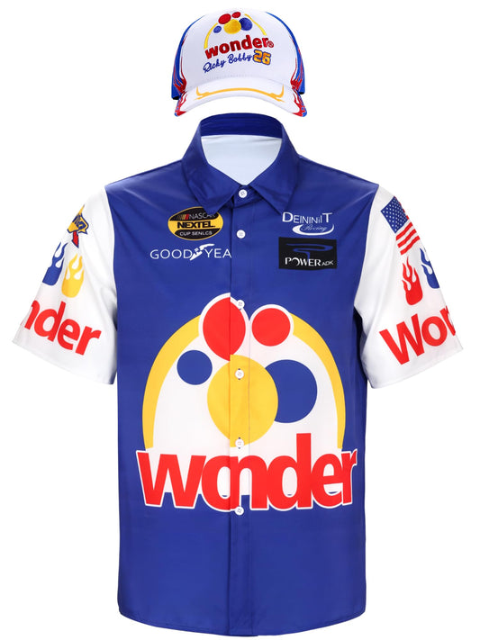 Ricky Bobby Costume Men Short Sleeve Ricky Bobby Shirt Hat Halloween Race Car Driver Costume